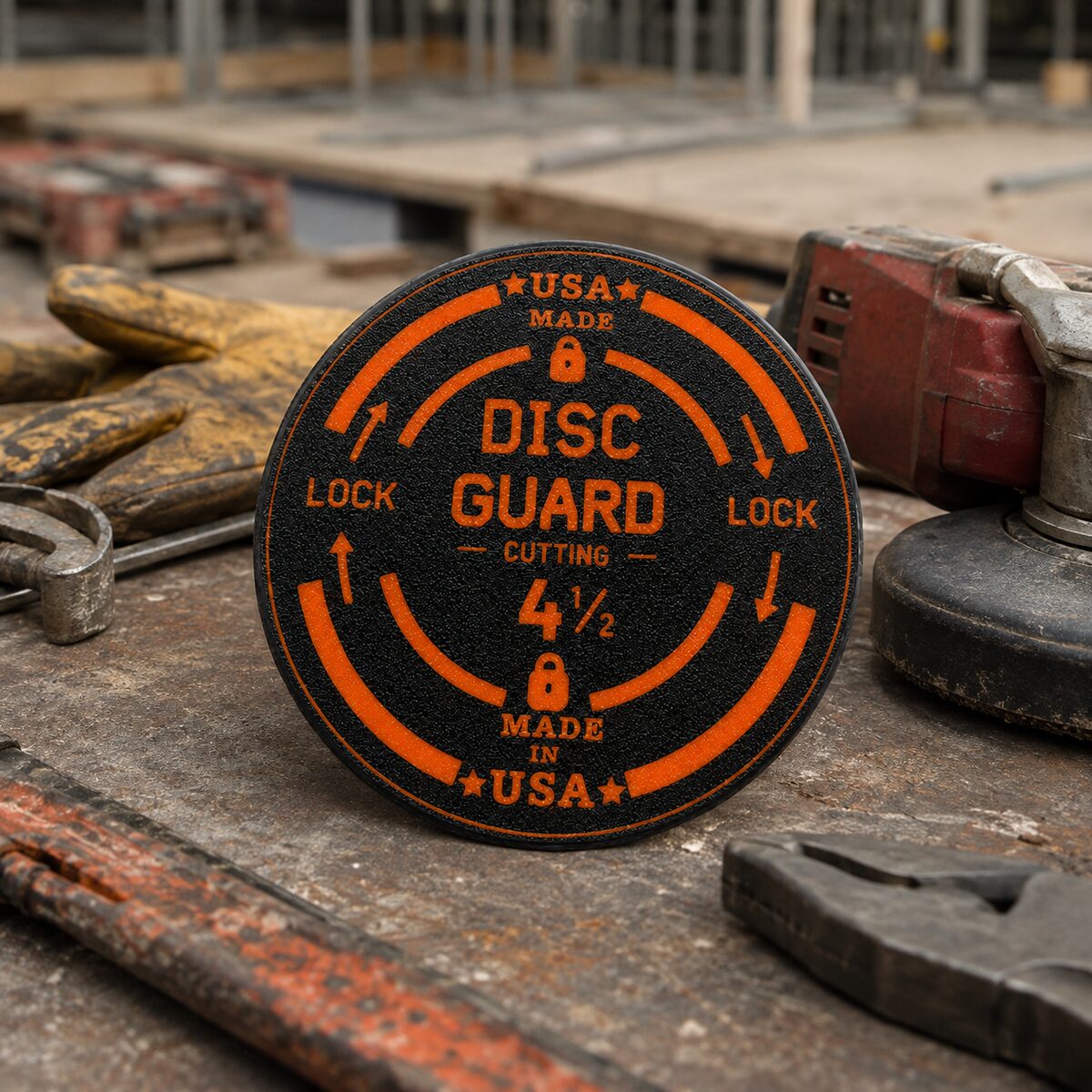 DISC GUARD case standing upright on a job site next to an angle grinder